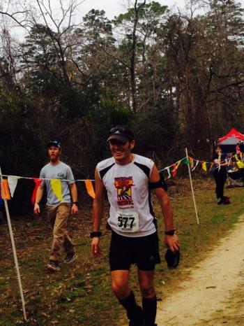 Coming into the aid station at mile 40.  Photo courtesy of Larry.