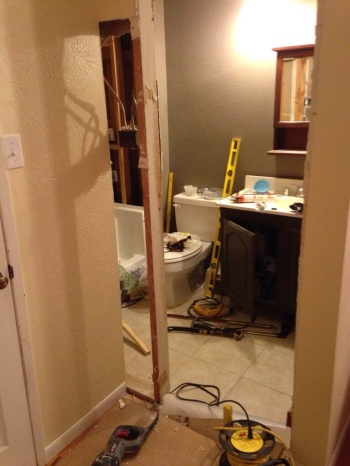 Mental note for next time: If the fiberglass shower unit you get will fit through the narrowest doorway by spinning it around, that doesn't mean that you will be able to flip it into the right position once inside the bathroom.  You may end up need to: 1) remove the door from the hinges, 2) remove the entire door frame because it still doesn't fit, and then 3) knocking out one of the studs and some drywall to get the shower through the doorway in the correct position.